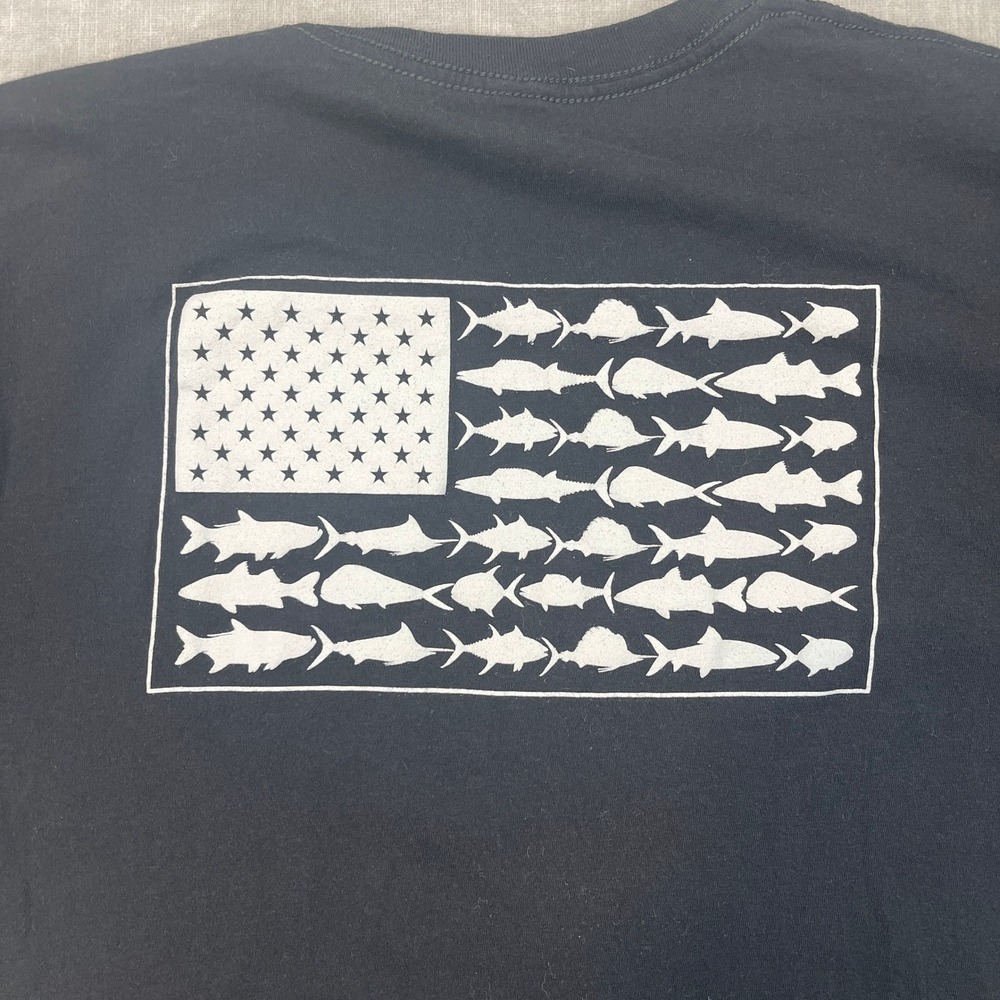 Columbia Mens Large Black T-Shirt PFG American Fish Flag Graphic Short Sleeve